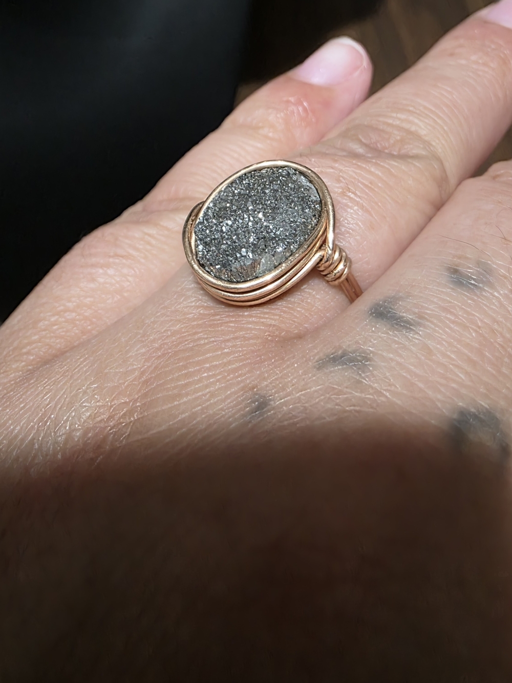 Rose Gold Druzy Statement Ring - Glittering Gray Stone